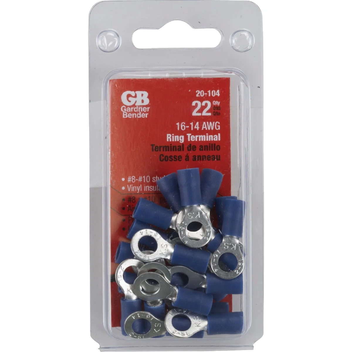 Natural Gardner Bender 16 to 14 AWG 8 to 10 Stud Size Blue Vinyl-Insulated Barrel Ring Terminal 22-Pack Official
