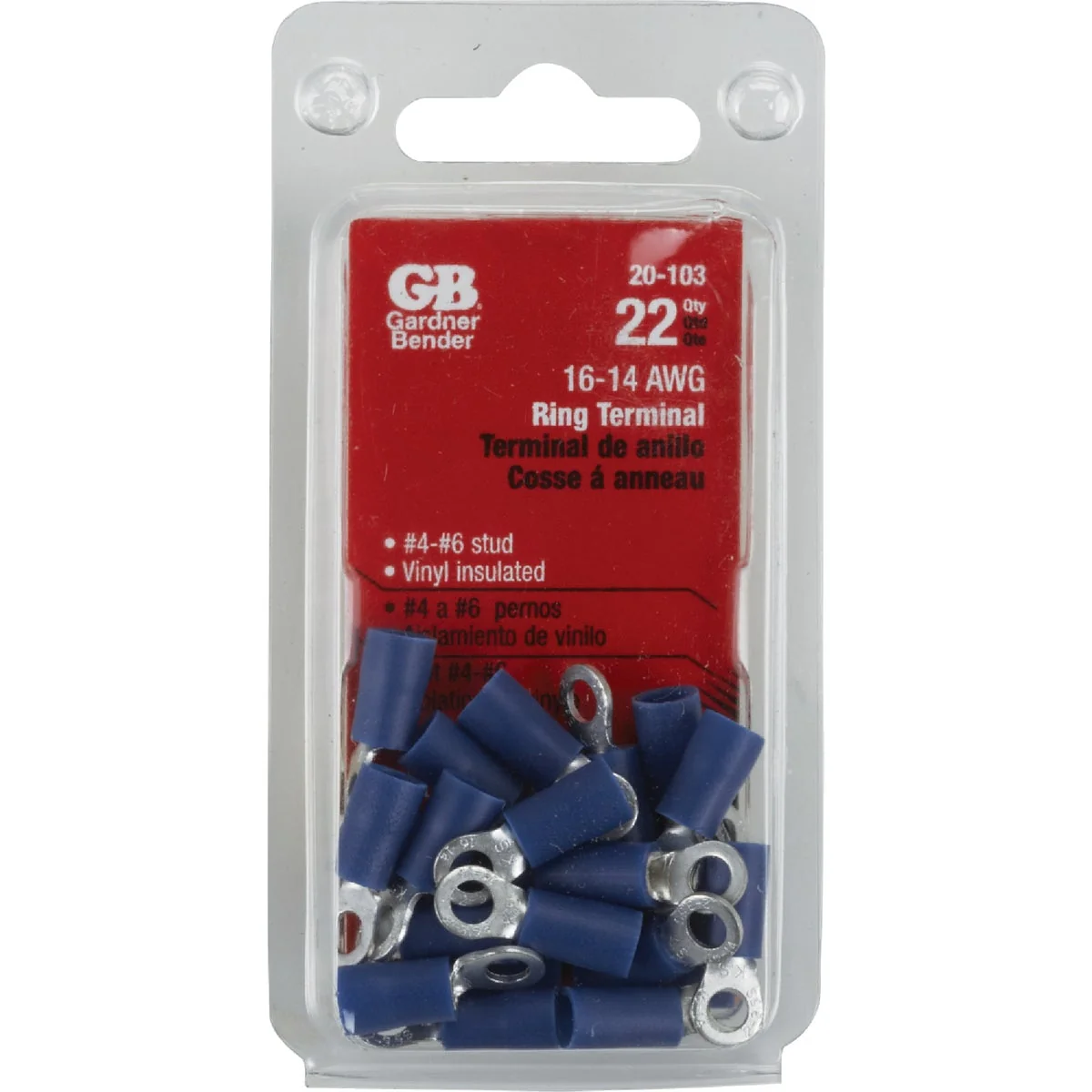 Trusted Gardner Bender 16 to 14 AWG 4 to 6 Stud Size Blue Vinyl-Insulated Barrel Ring Terminal 22-Pack Clean
