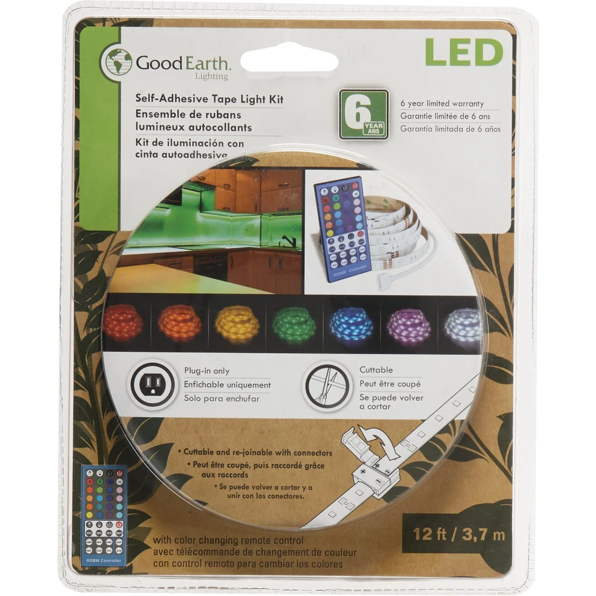 Comfortable Good Earth Lighting 12 Ft. L. Plug-In Color Changing LED Under Cabinet Tape Light with Remote Control World-Class