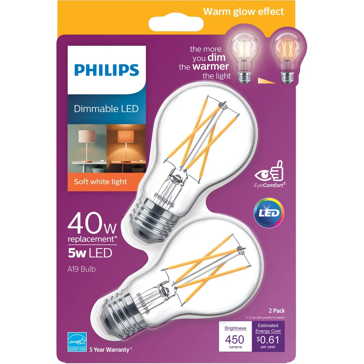 Superior Philips Warm Glow 40W Equivalent Soft White A19 Medium Dimmable LED Light Bulb 2-Pack First-Class