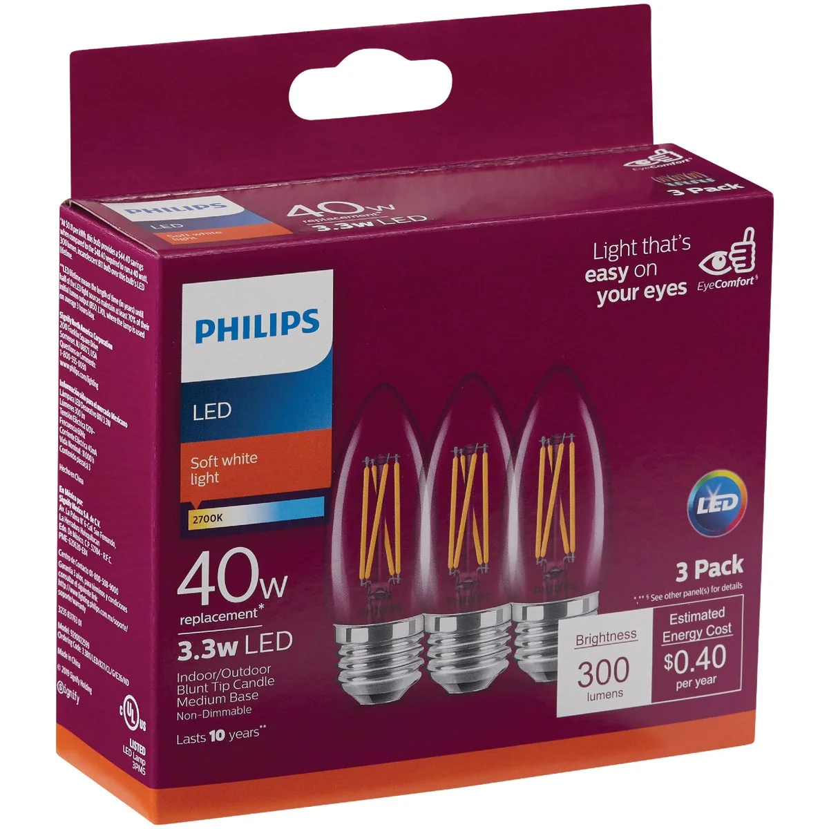 Prestigious Philips 40W Equivalent Soft White B11 Medium Clear LED Decorative Light Bulb 3-Pack Next-Generation