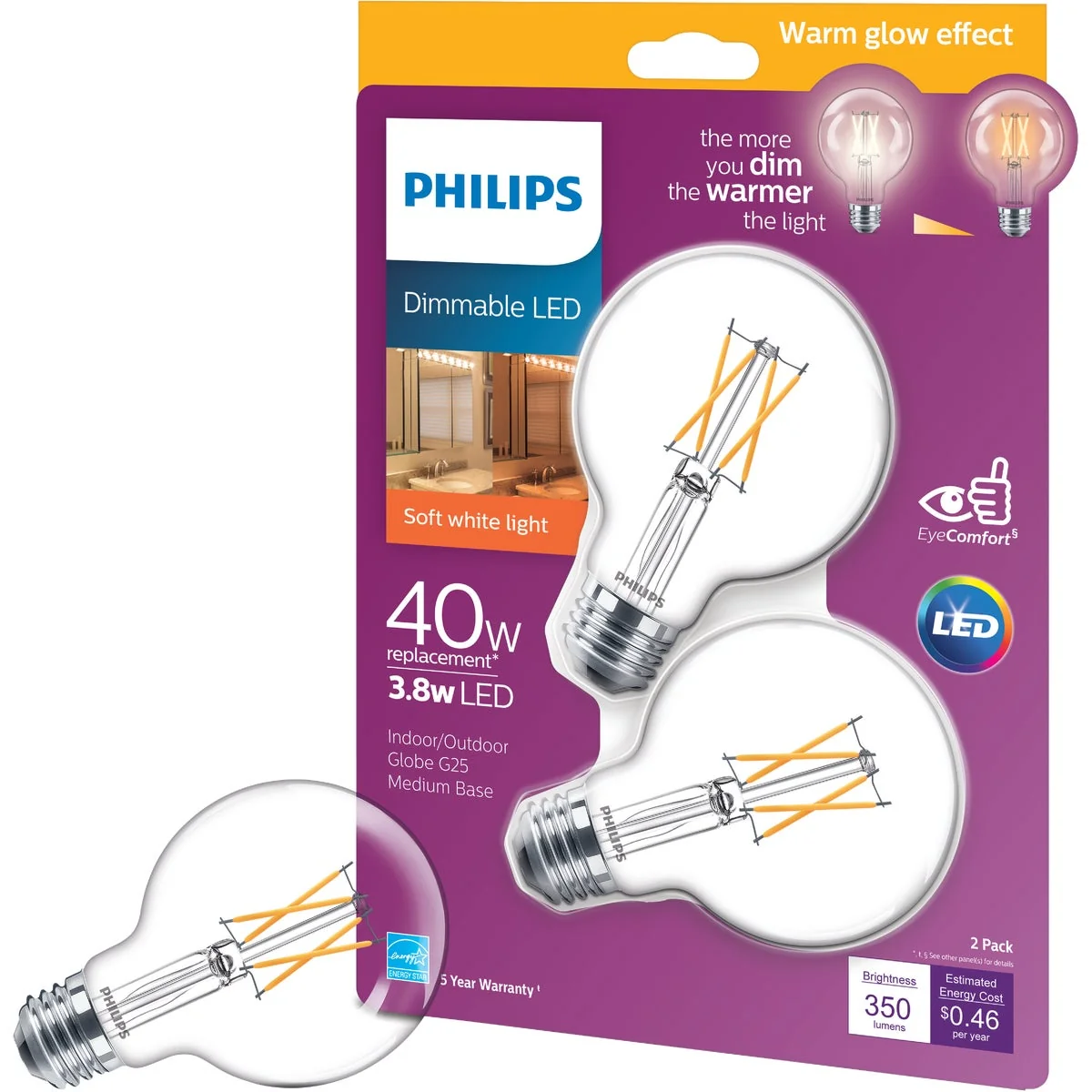 Solid Philips Warm Glow 40W Equivalent Soft White G25 Medium Clear Dimmable LED Decorative Globe Light Bulb 2-Pack Sophisticated