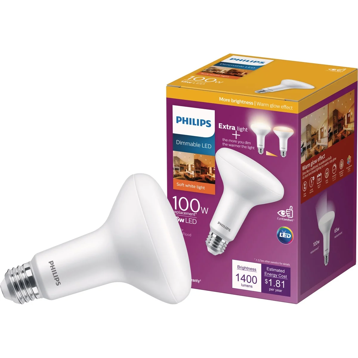 Versatile Philips Warm Glow 100W Equivalent Soft White BR30 Medium Dimmable LED Floodlight Light Bulb Reliable