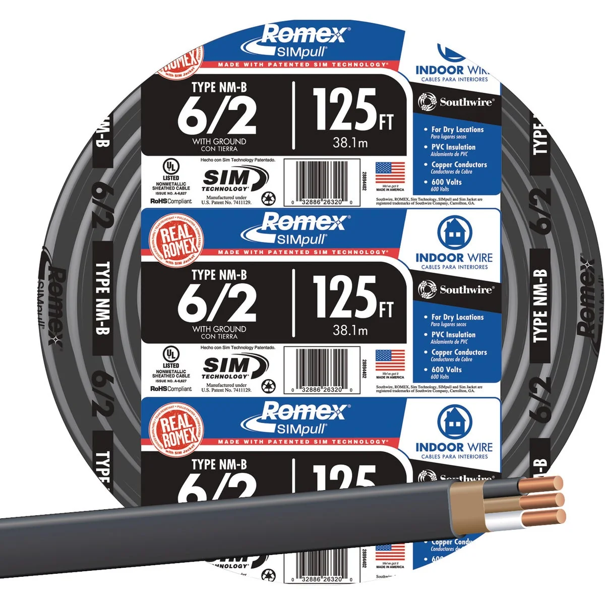 Original Romex 125 Ft. 6-2 Solid Black NMW G Electrical Wire Prestigious