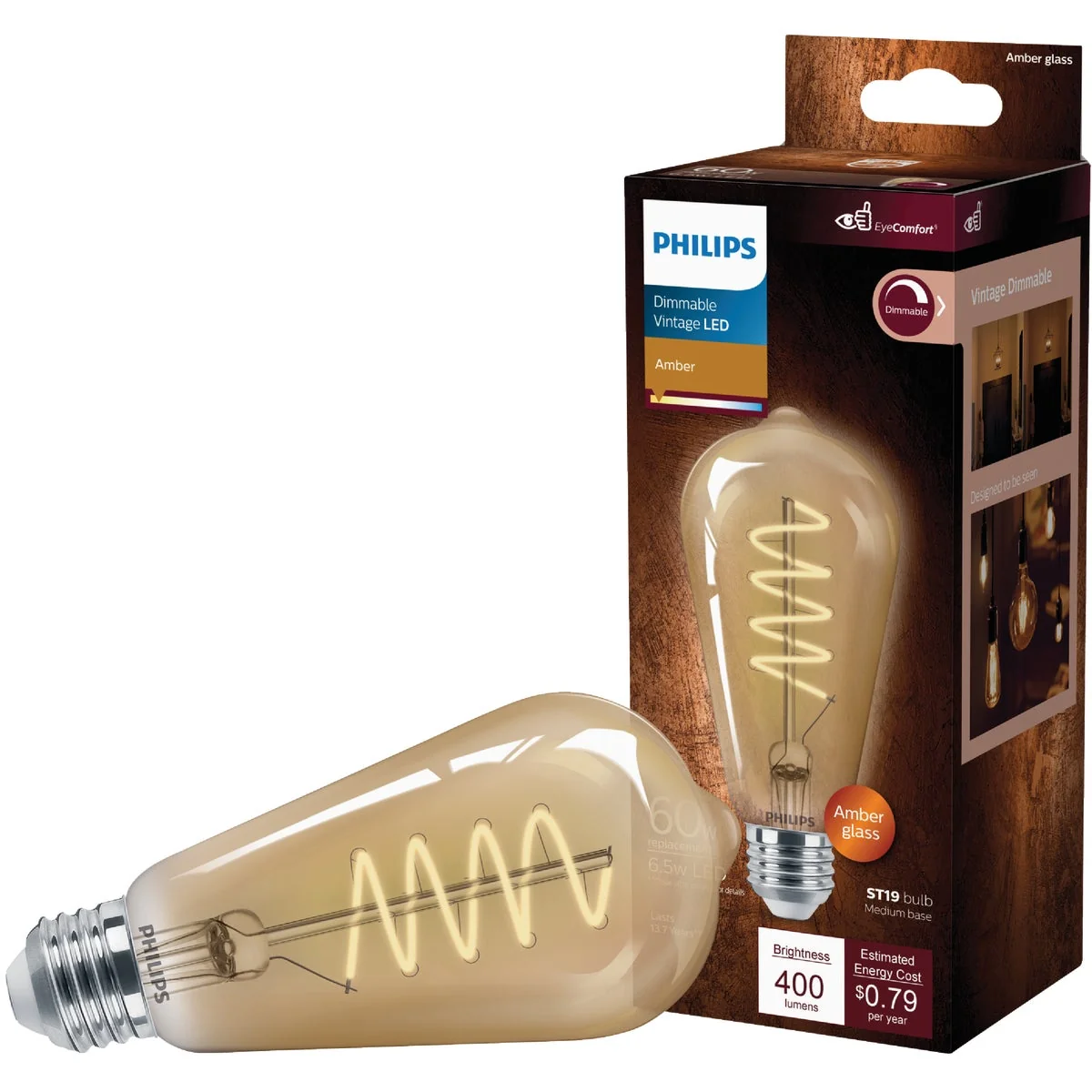 Fast Philips Vintage 60W Equivalent Amber ST19 Medium LED Decorative Light Bulb Modern