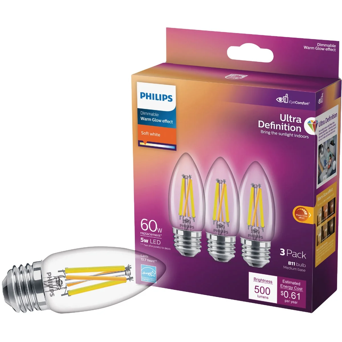 Smart Philips Ultra Definition 60W Equivalent Soft White B11 Medium LED Decorative Light Bulb 3-Pack Elite