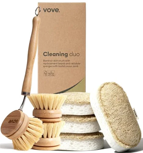Superior Cleaning Duo Bamboo Dish Brush Set and Natural Dish Sponges 7 Count Genuine