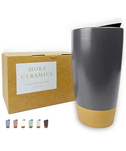 Artisan Double Wall Ceramic Coffee Travel Mug with Lid Recyclable