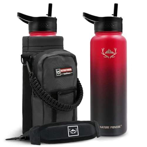 Minimalist 40 oz Insulated Water Bottle with Carrier Bag 3 Lids 3 Count Soft