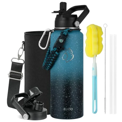 Green 40 oz Insulated Water Bottle with Paracord Handle Straw Spout Lids Fashionable