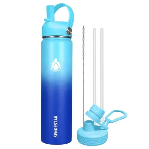 Sustainable Stainless Steel Wide Mouth Water Bottle 24oz Double Wall Vacuum Insulated Leak Proof Bottle with New Flex Straw Lid Spout Lid Eco-Friendly