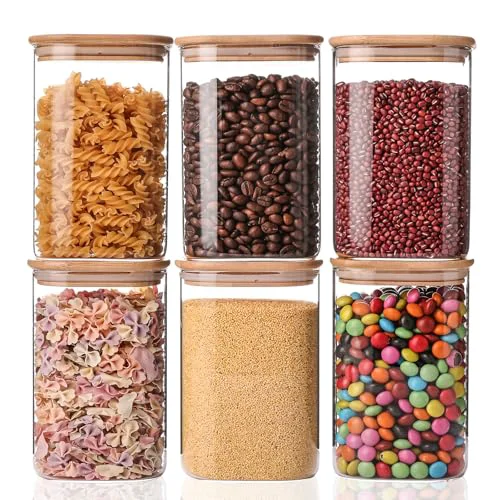 Trendy Glass Storage Jars 6 Pack 37oz Clear Glass Food Storage Containers with Airtight Bamboo Lid Stackable Kitchen Canisters for Candy 6 Ounce Enhanced