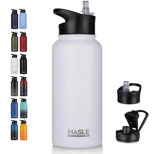 Trusted 32 oz Insulated Water Bottle Stainless Steel Double Walled Vacuum Sports Water Bottle with 2 Lids Natural