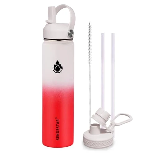 Pure Stainless Steel Wide Mouth Water Bottle 24oz Double Wall Vacuum Insulated Leak Proof Bottle with New Flex Straw Lid Spout Lid Trendy