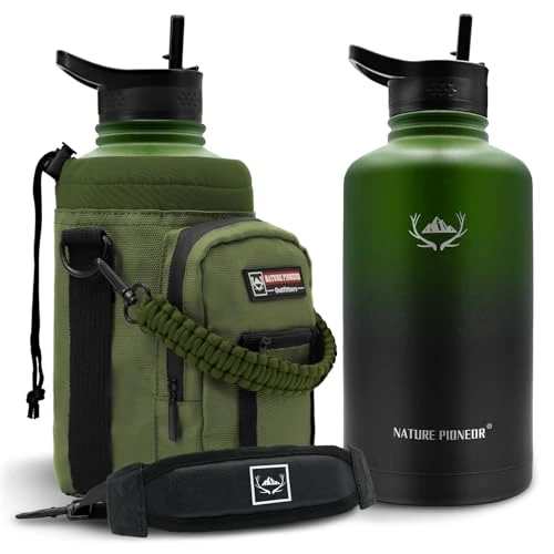 Sustainable 64 oz Insulated Water Bottle with Carrier Bag 3 Lids Versatile