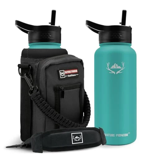 Dependable 32 oz Insulated Water Bottle with Carrier Bag 3 Lids Recyclable