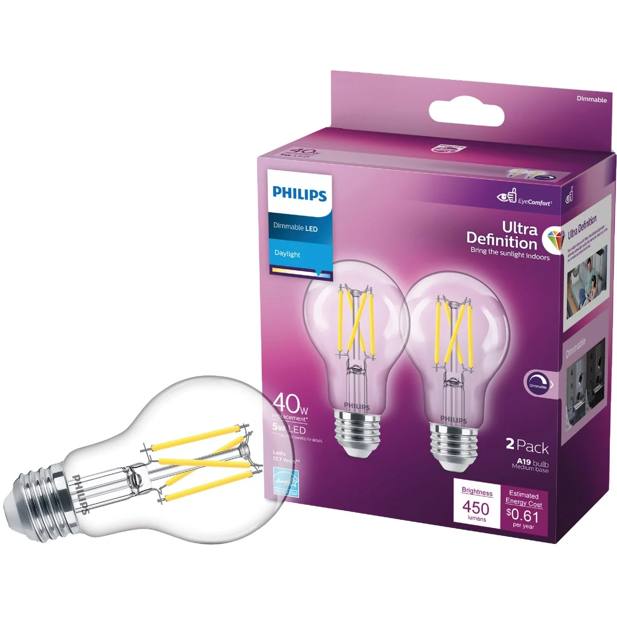 Certified Philips Ultra Definition 40W Equivalent Daylight A19 Medium LED Light Bulb Clear 2-Pack Relaxed