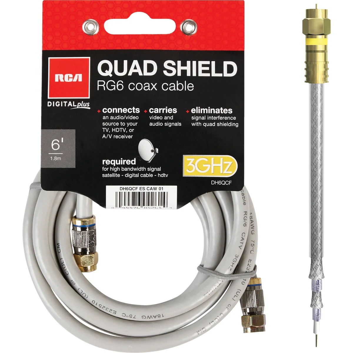 Enhanced RCA 6 Ft. Gray Digital Plus Quad RG6 Coaxial Cable Clean