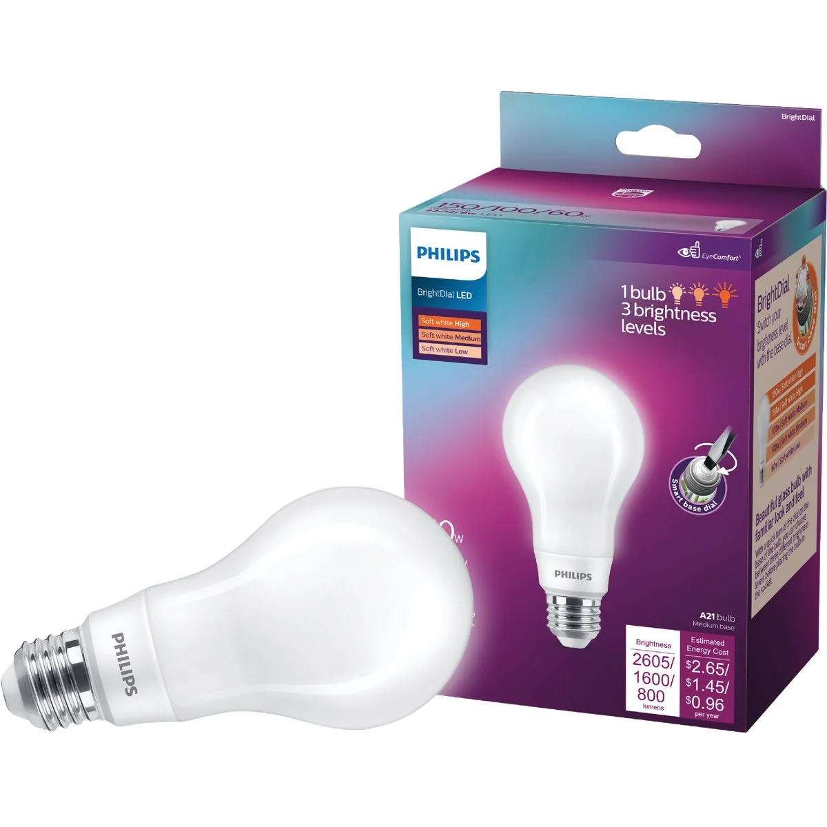 Dependable Philips BrightDial 150 100 60W Equivalent Soft White A21 Medium LED Light Bulb Detailed