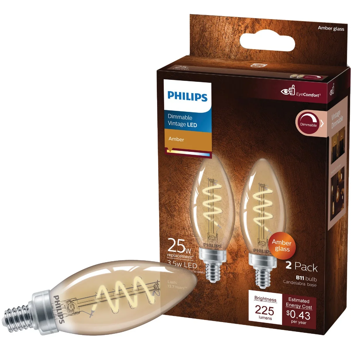Minimalist Philips Vintage 25W Equivalent Amber B11 Medium LED Decorative Light Bulb Official