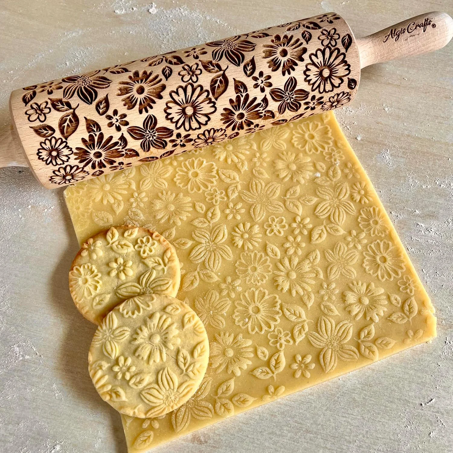 Artisan FLOWER MIX Embossing Rolling Pin with Flowers Pattern. Dough and Clay Roller for Embossed Cookies and Pottery. Cookie and Ceramic Stamp. Backing Gifts for Women by Algis Crafts Top-Quality