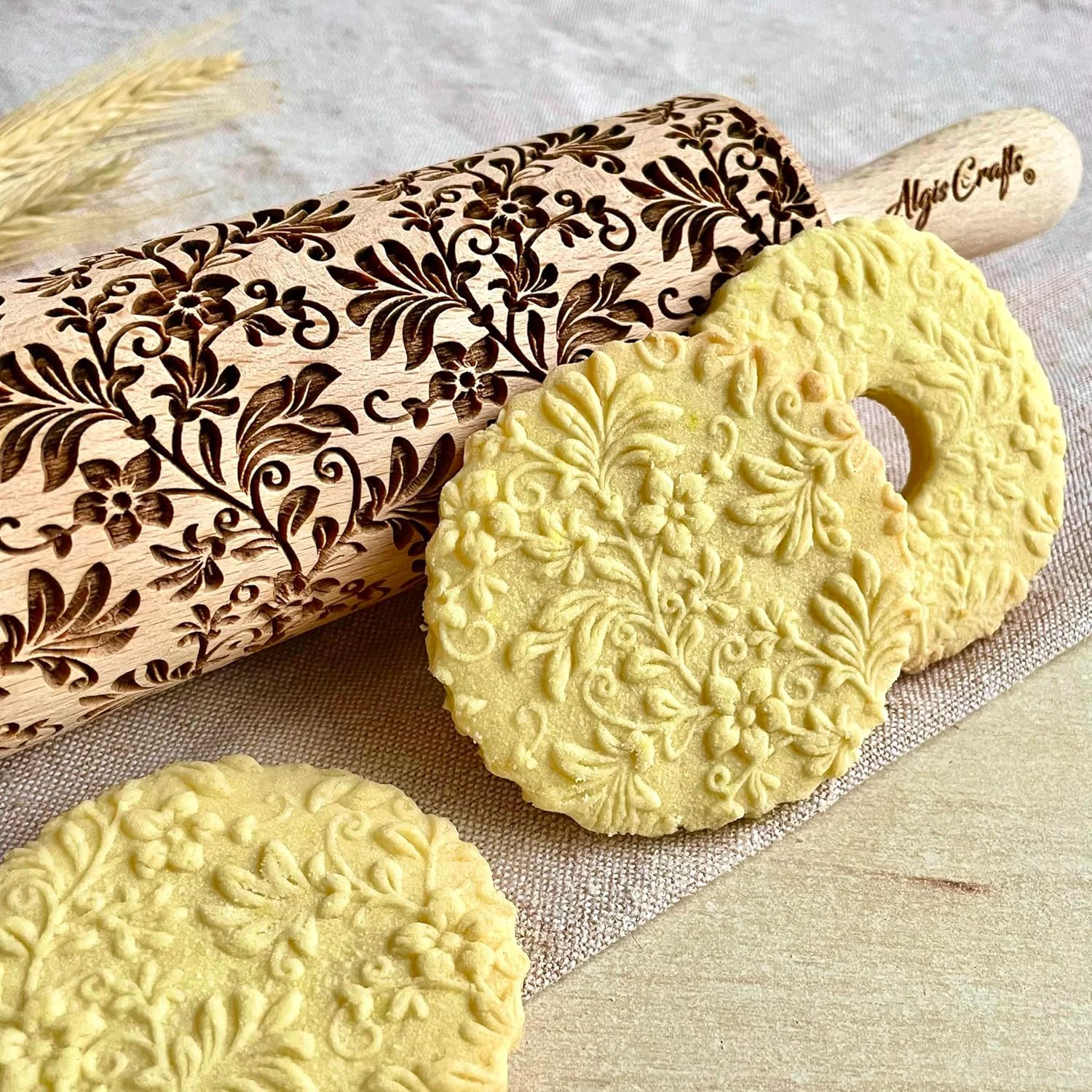 Flexible FLORAL WREATH Embossing Rolling Pin with Flowers Pattern. Dough and Clay Roller for Embossed Cookies and Pottery. Cookie and Ceramic Stamp. Backing Gifts for Women by Algis Crafts Specialty