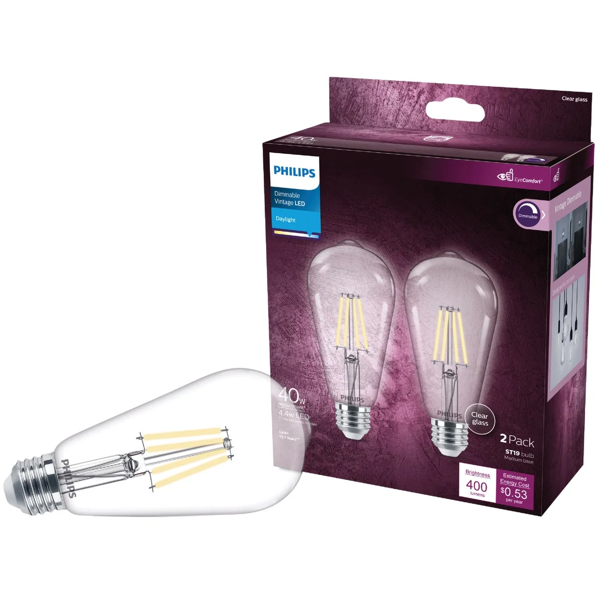 Original Design Philips Vintage 40W Equivalent Daylight ST19 Medium LED Decorative Light Bulb 2-Pack Lightweight
