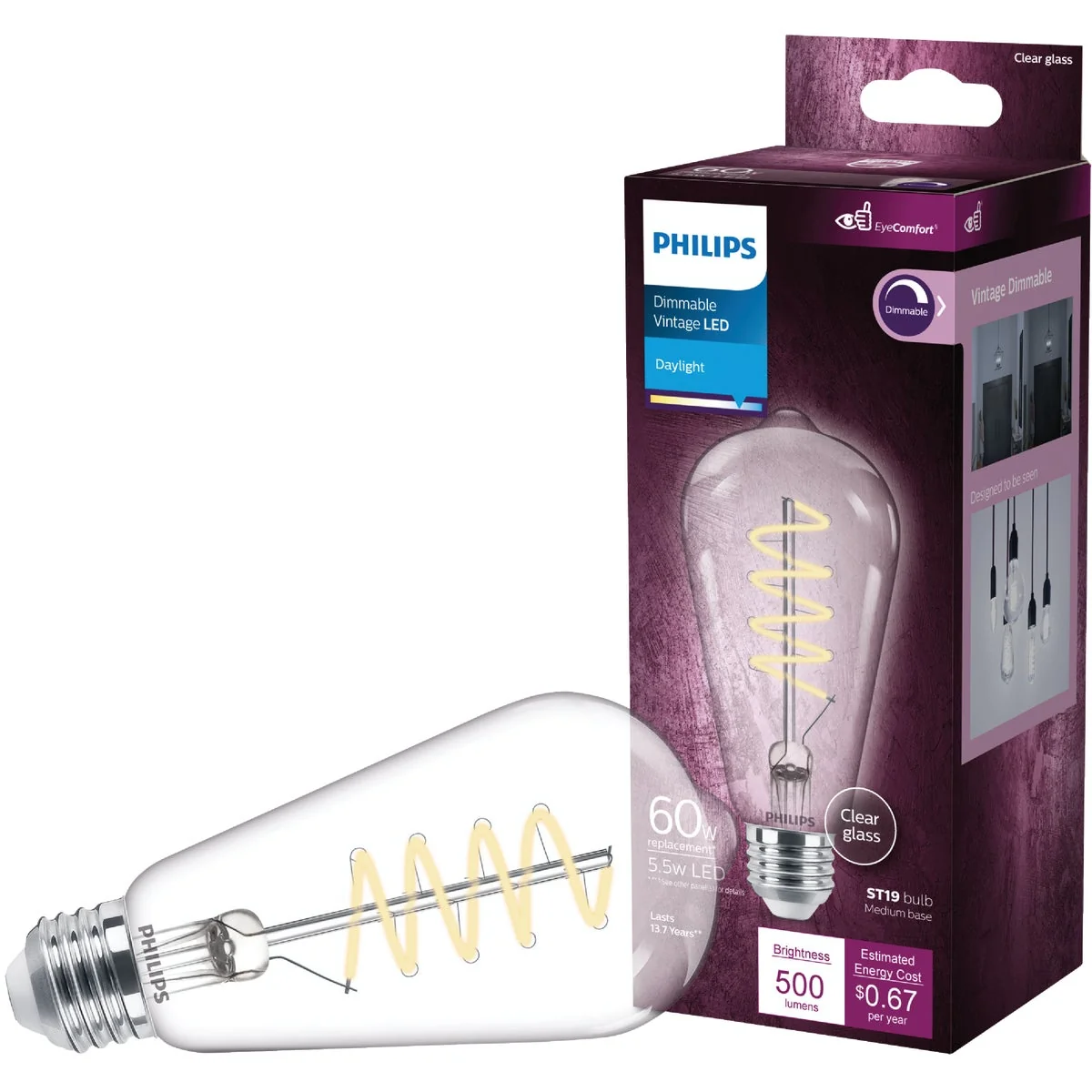 Crafted Philips 60W Equivalent Daylight ST19 Medium LED Decorative Light Bulb Casual