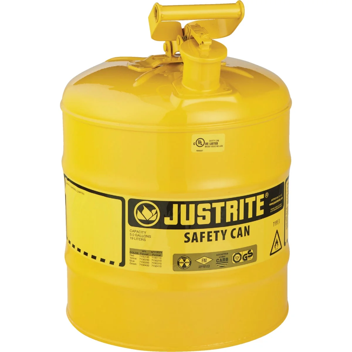 Premium Material Justrite 5 Gal. Type I Galvanized Steel Safety Fuel Can Yellow Next-Generation
