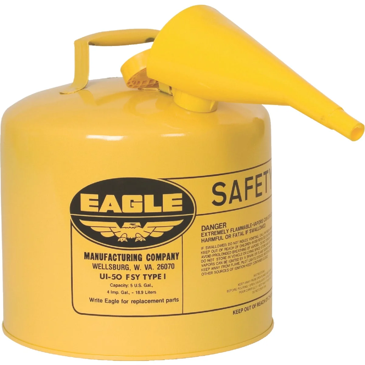 Unique Eagle 5 Gal. Type I Galvanized Steel Gasoline Safety Fuel Can Yellow Fine