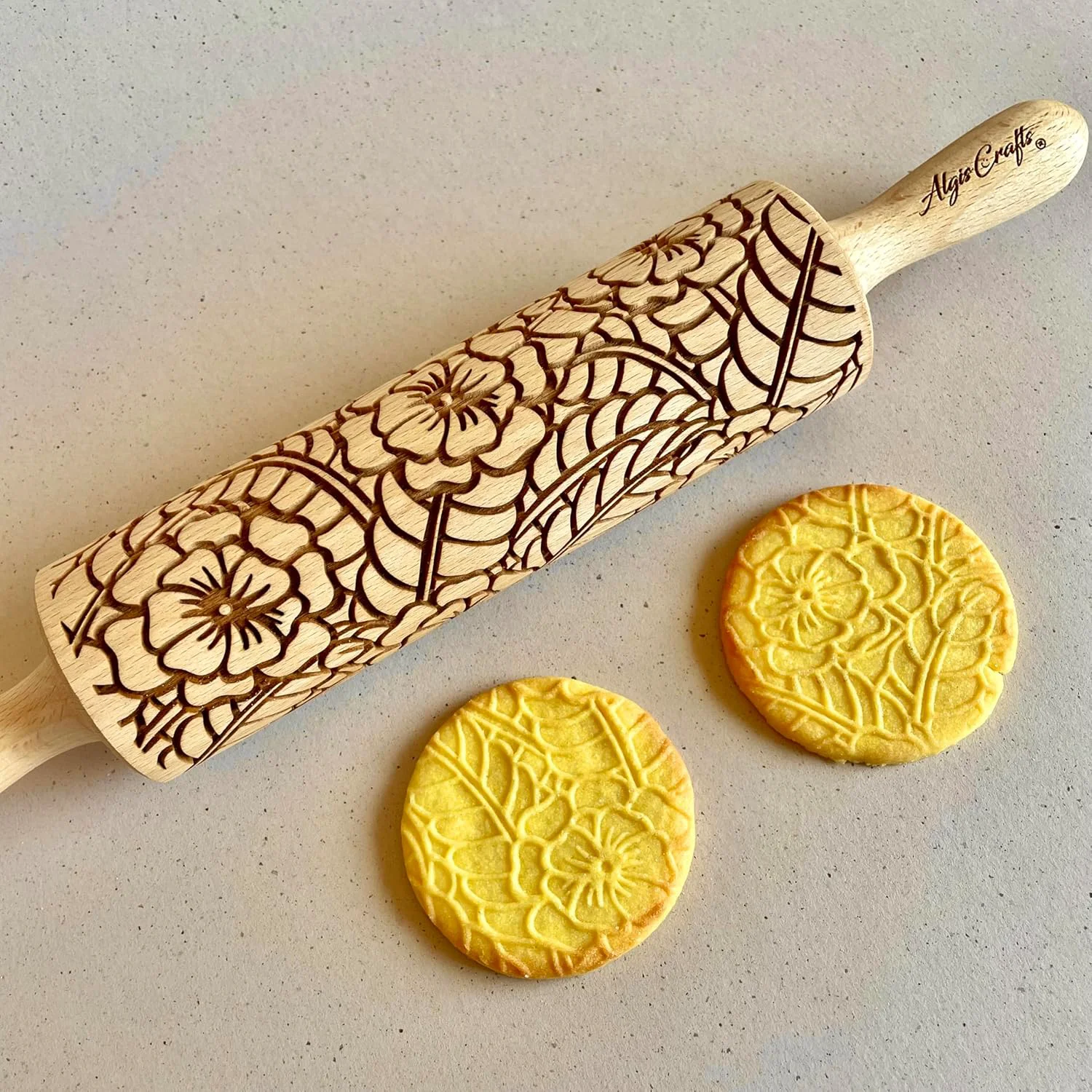 Official DOILY Embossing Rolling Pin with Flowers Pattern. Dough and Clay Roller for Embossed Cookies and Pottery. Cookie and Ceramic Stamp. Backing Gifts for Women by Algis Crafts Flexible