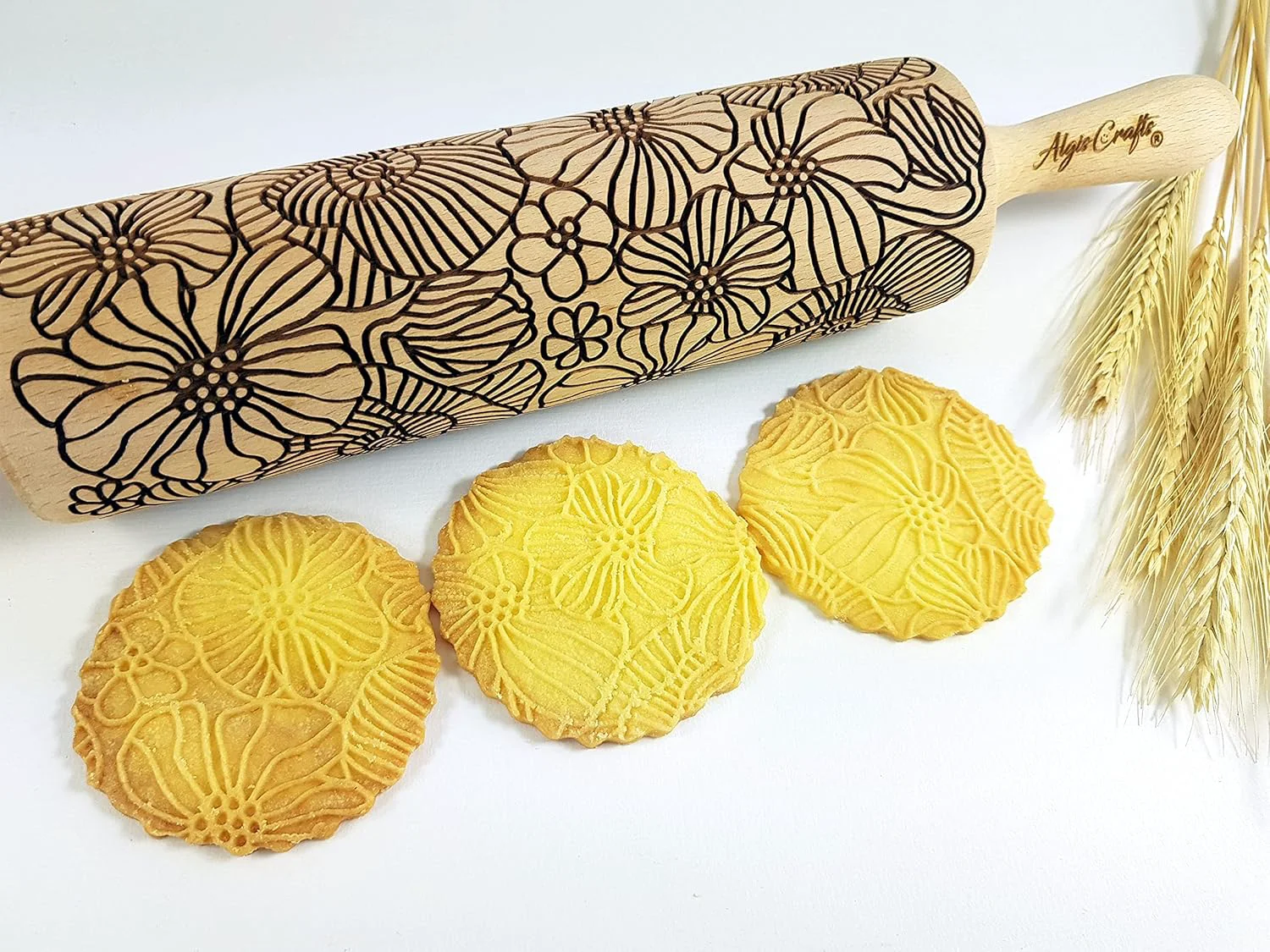 Verified POPPY Embossing Rolling Pin with Wildflower Corn Poppies Pattern. Dough roller for embossed cookies and Pottery by Algis Crafts Excellent