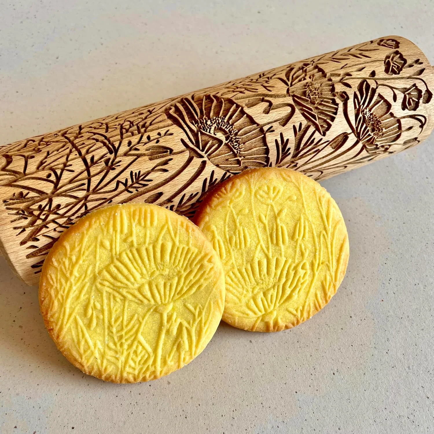 Enhanced WILD POPPY Embossing Rolling Pin with Flowers Pattern. Dough and Clay Roller for Embossed Cookies and Pottery. Cookie and Ceramic Stamp. Backing Gifts for Women by Algis Crafts Trendy