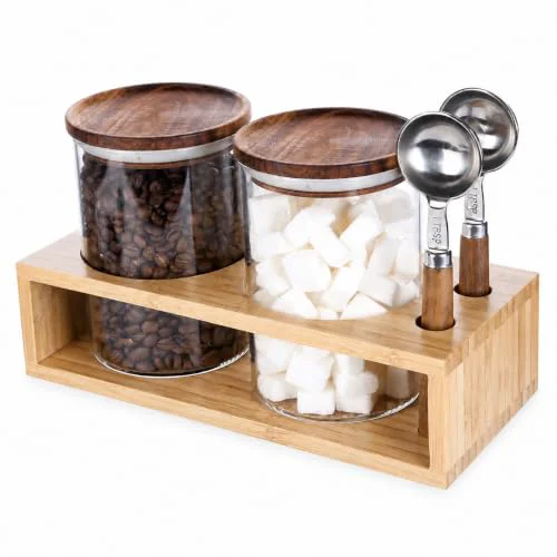 Superior 2 Glass Coffee Canister Set with Bamboo Rack Scoops 5 Count Traditional
