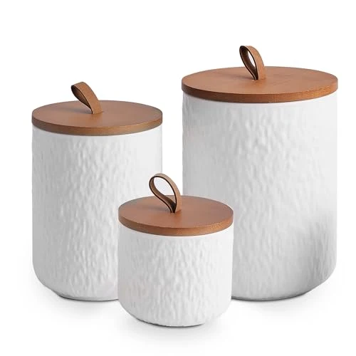 Secure White Stone Ceramic Canister with Bamboo Lid 3 Count Unique