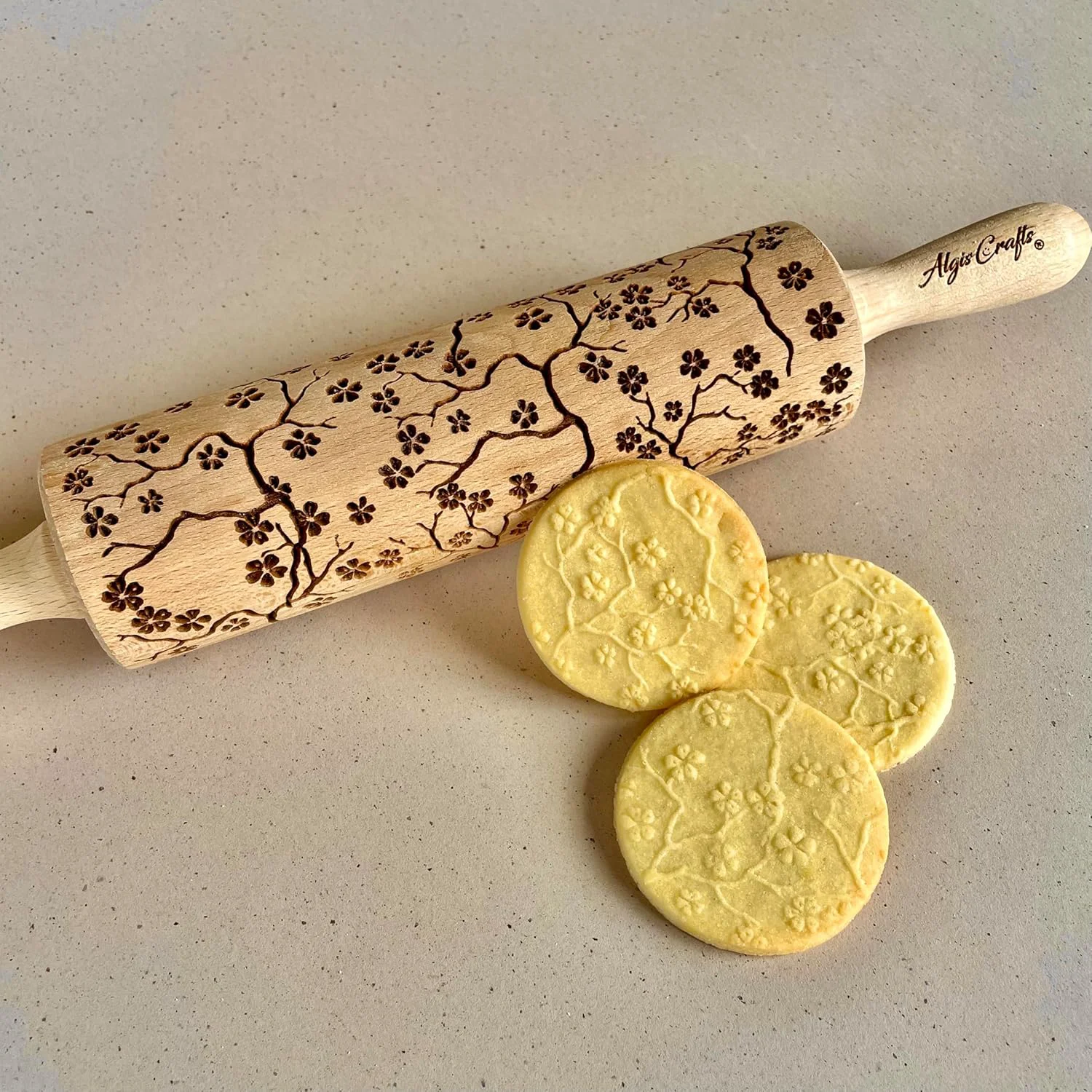 Modern SAKURA TREE Embossing Rolling Pin with Blooming Sakura Flowers Pattern. Dough and Clay Roller for Embossed Cookies Fondant Pottery. Cookie and Ceramic Stamp. Backing Gifts for Women by Algis Crafts Versatile