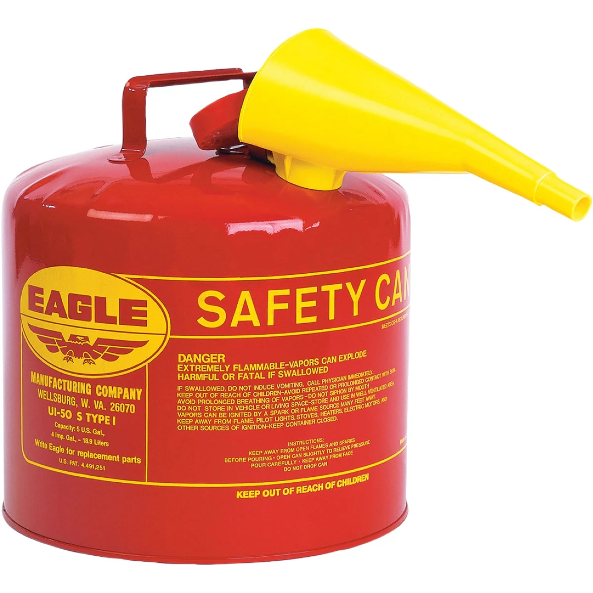 Traditional Eagle 5 Gal. Type I Galvanized Steel Gasoline Safety Fuel Can Red Fast