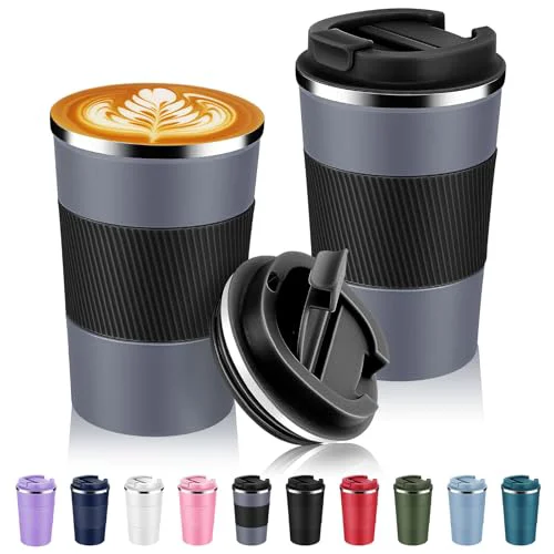 Premium Material 13 oz Stainless Steel Insulated Travel Coffee Mug with Fip Lid Bulk 2 Pack Modern
