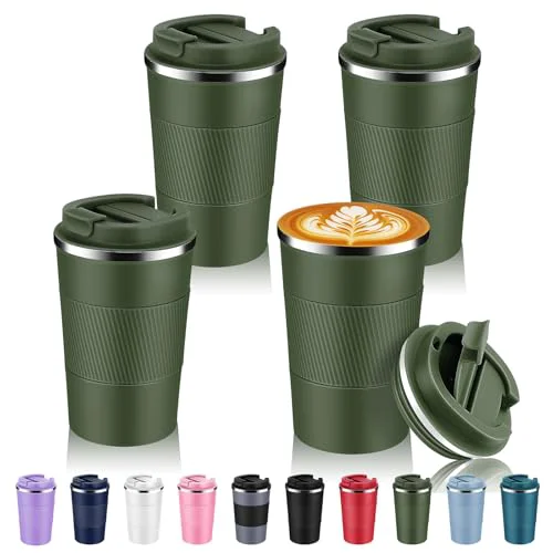 Innovative 13 oz Stainless Steel Insulated Travel Coffee Mug with Fip Lid Bulk 4 Pack 4 Count Reusable