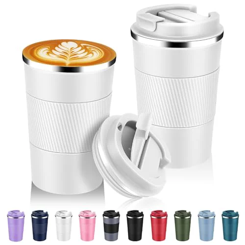Refined 13 oz Stainless Steel Insulated Travel Coffee Mug with Fip Lid Bulk 2 Pack 2 Count Excellent
