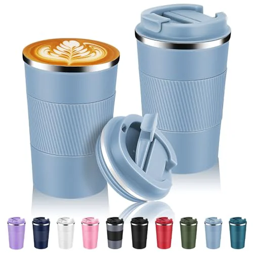 Stylish 13 oz Stainless Steel Insulated Travel Coffee Mug with Fip Lid Bulk 2 Pack 2 Count Trusted