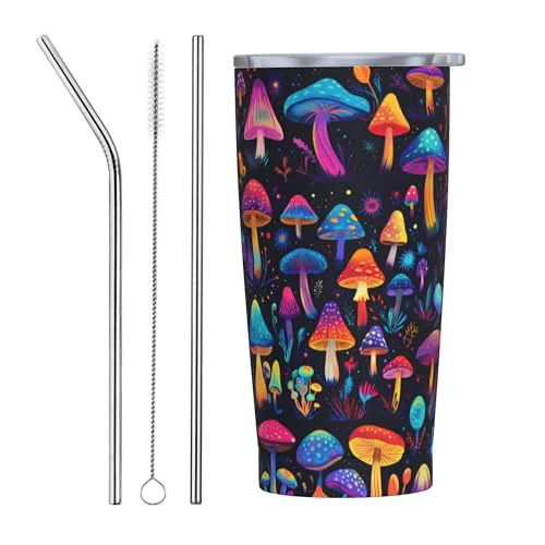 Contemporary Mushroom Tumbler with Lid and Straw 20oz Coffee Tumblers Leakproof Stainless Steel Travel Mug Vacuum Insulated Cup for Iced and Hot 20 Count Optimized