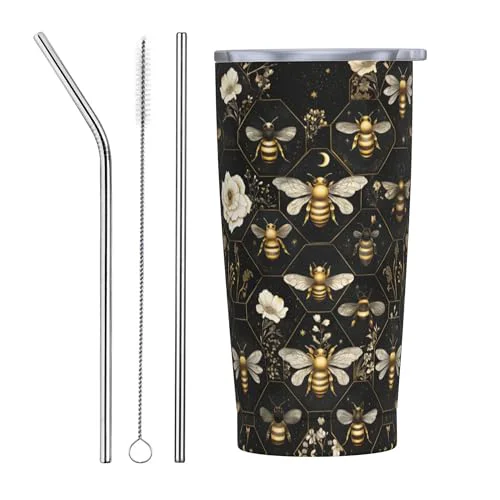 Next-Generation Bee Tumbler with Lid and Straw 20oz Coffee Tumblers Leakproof Stainless Steel Travel Mug Vacuum Insulated Cup for Iced and Hot 20 Count Stylish
