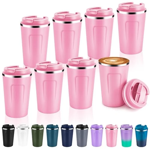 Natural 12 oz Double Wall Insulated Vacuum Travel Coffee Mug with Flip Lid Bulk 8 Pack 8 Count Reusable