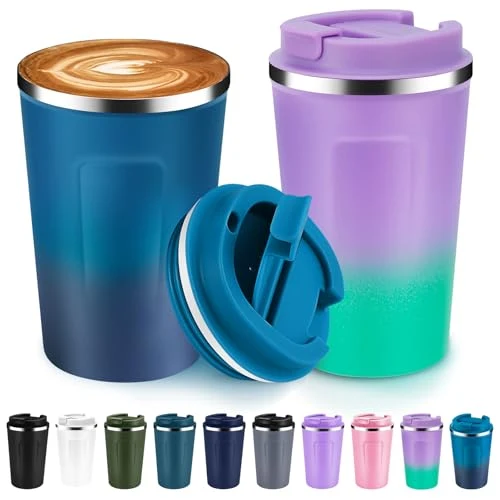 Authentic 12 oz Double Wall Insulated Vacuum Travel Coffee Mugs with Flip Lid Bulk 2 Pack 2 Count Unique