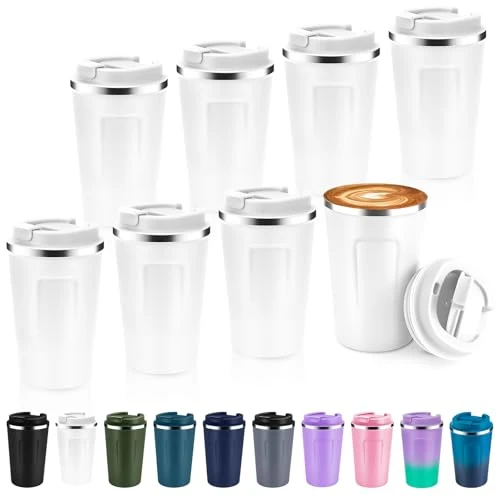 Selected 12 oz Double Wall Insulated Vacuum Travel Coffee Mug with Flip Lid Bulk 8 Pack 8 Count Excellent