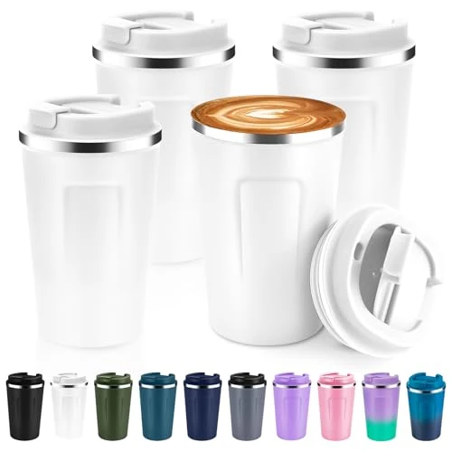 High-End 12 oz Double Wall Insulated Vacuum Travel Coffee Mug with Flip Lid Bulk 4 Pack 4 Count Original Design
