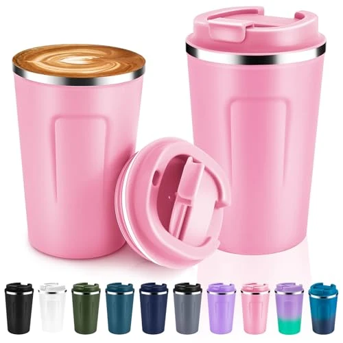 Certified 12 oz Double Wall Insulated Vacuum Travel Coffee Mugs with Flip Lid Bulk 2 Pack 2 Count Genuine
