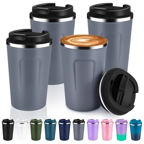 Sustainable 12 oz Double Wall Insulated Vacuum Travel Coffee Mug with Flip Lid Bulk 4 Pack 4 Count Fine