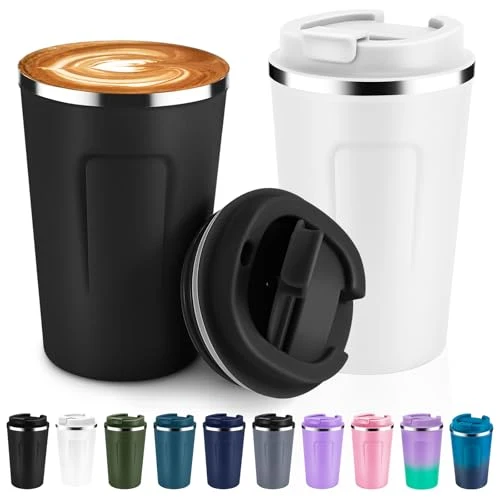Top-Quality 12 oz Double Wall Insulated Vacuum Travel Coffee Mugs with Flip Lid Bulk 2 Pack 2 Count Organic